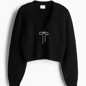 NWT H&M Rhinestone Bow-Detail Rib-Knit Cardigan in Black Women's size XS